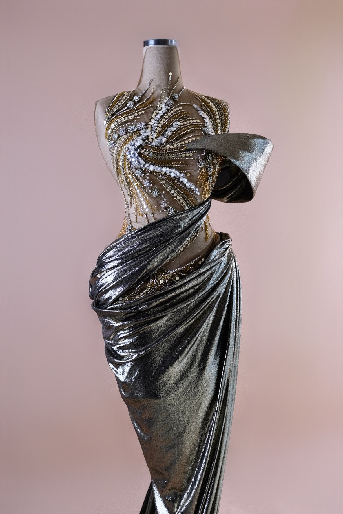 Metallic Gold Draped Gown with Illusion Bodice