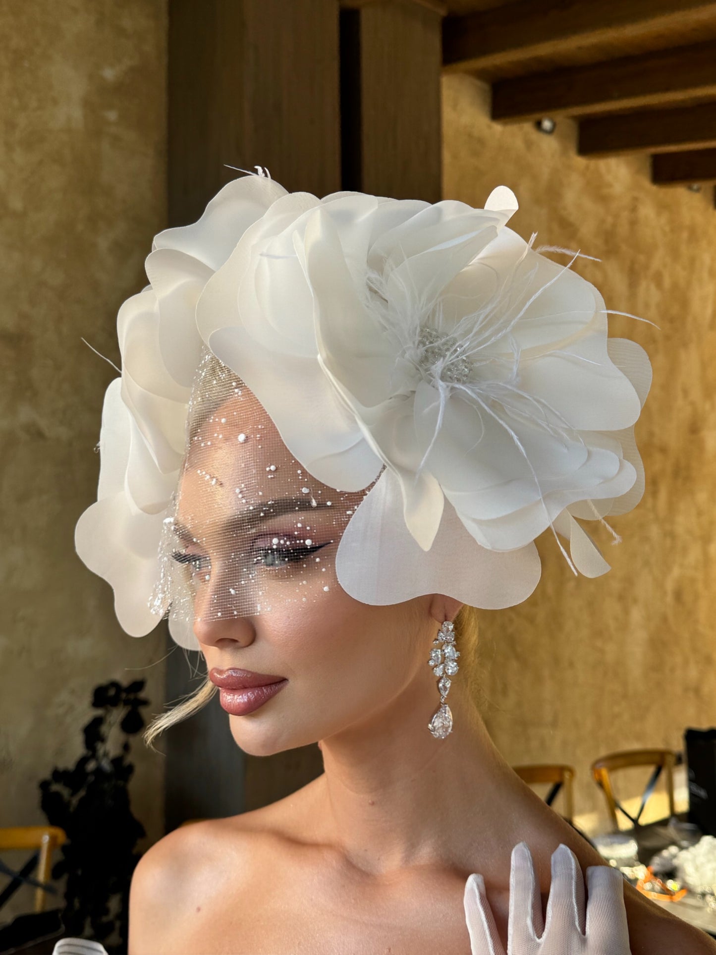 Oversized Floral Headpiece with Crystal Veil & Bow Gloves