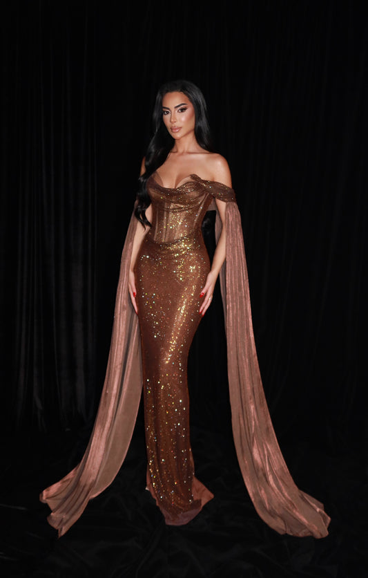 Maddeline - Off Shoulder Sequin Gown with Cape Sleeves