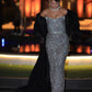 Darienne - Strapless Crystal Gown with Black Oversized Shawl