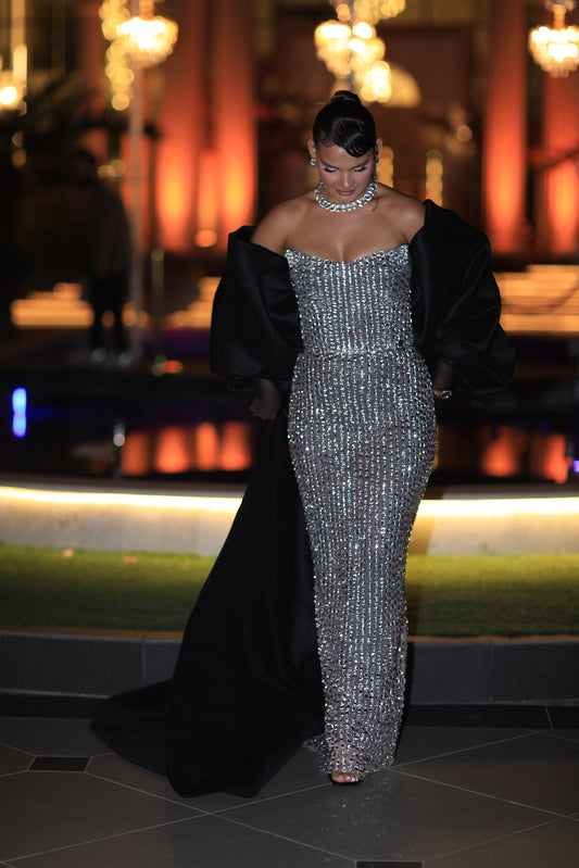 Darienne - Strapless Crystal Gown with Black Oversized Shawl
