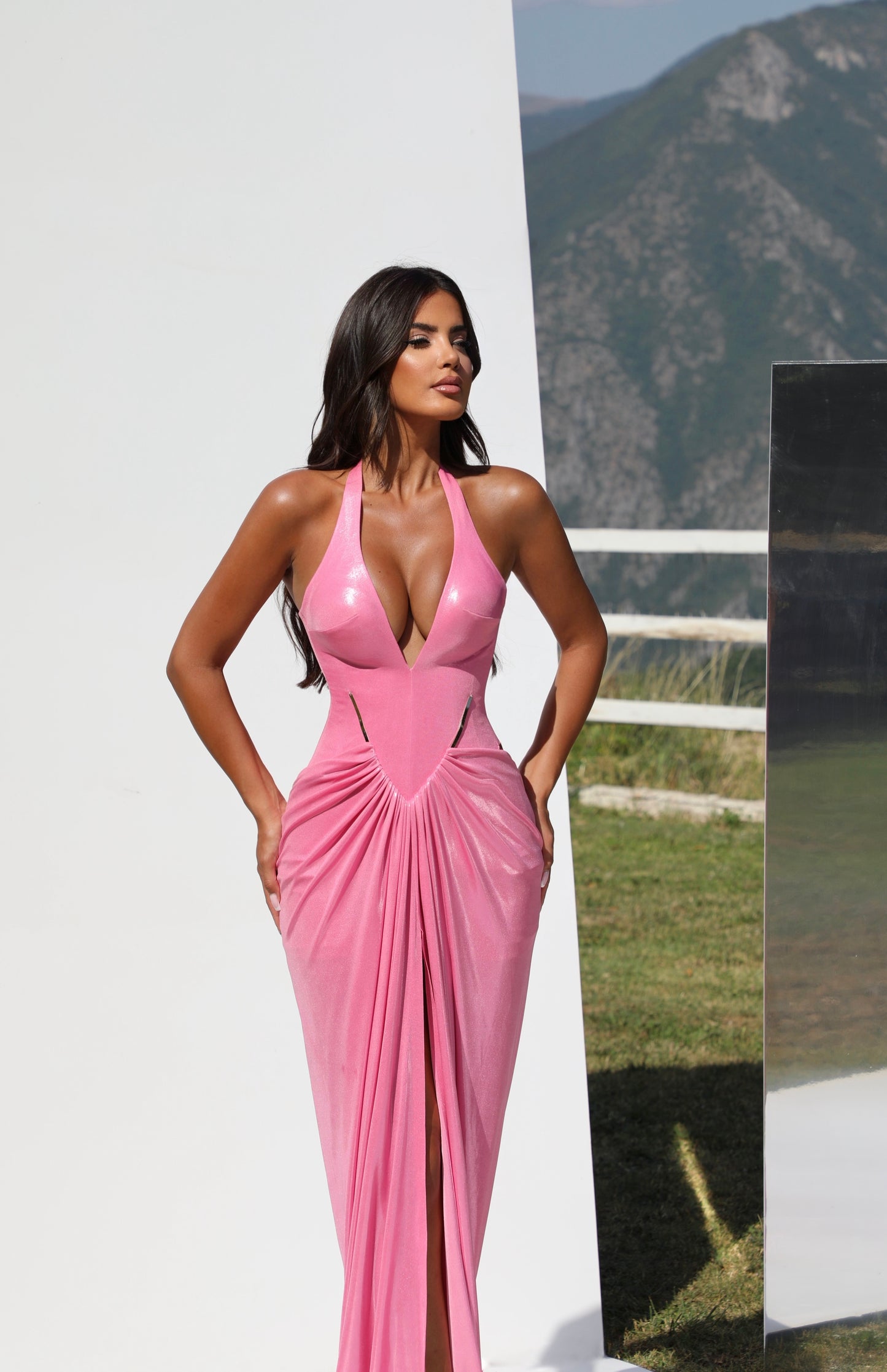 Luciana - Plunging Halter Gown with Draped Detail