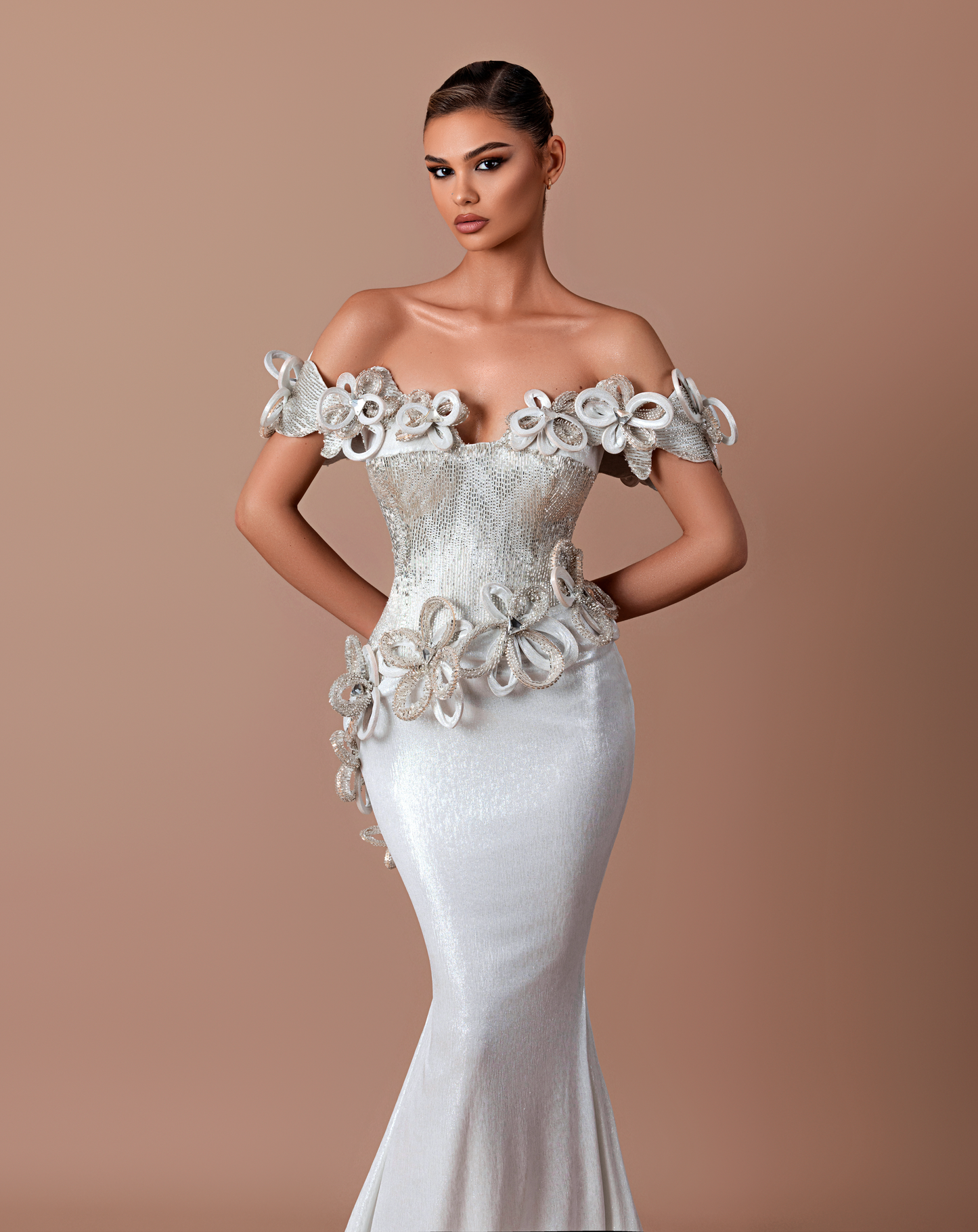 Ashen - Off shoulder dress with floral embroidery