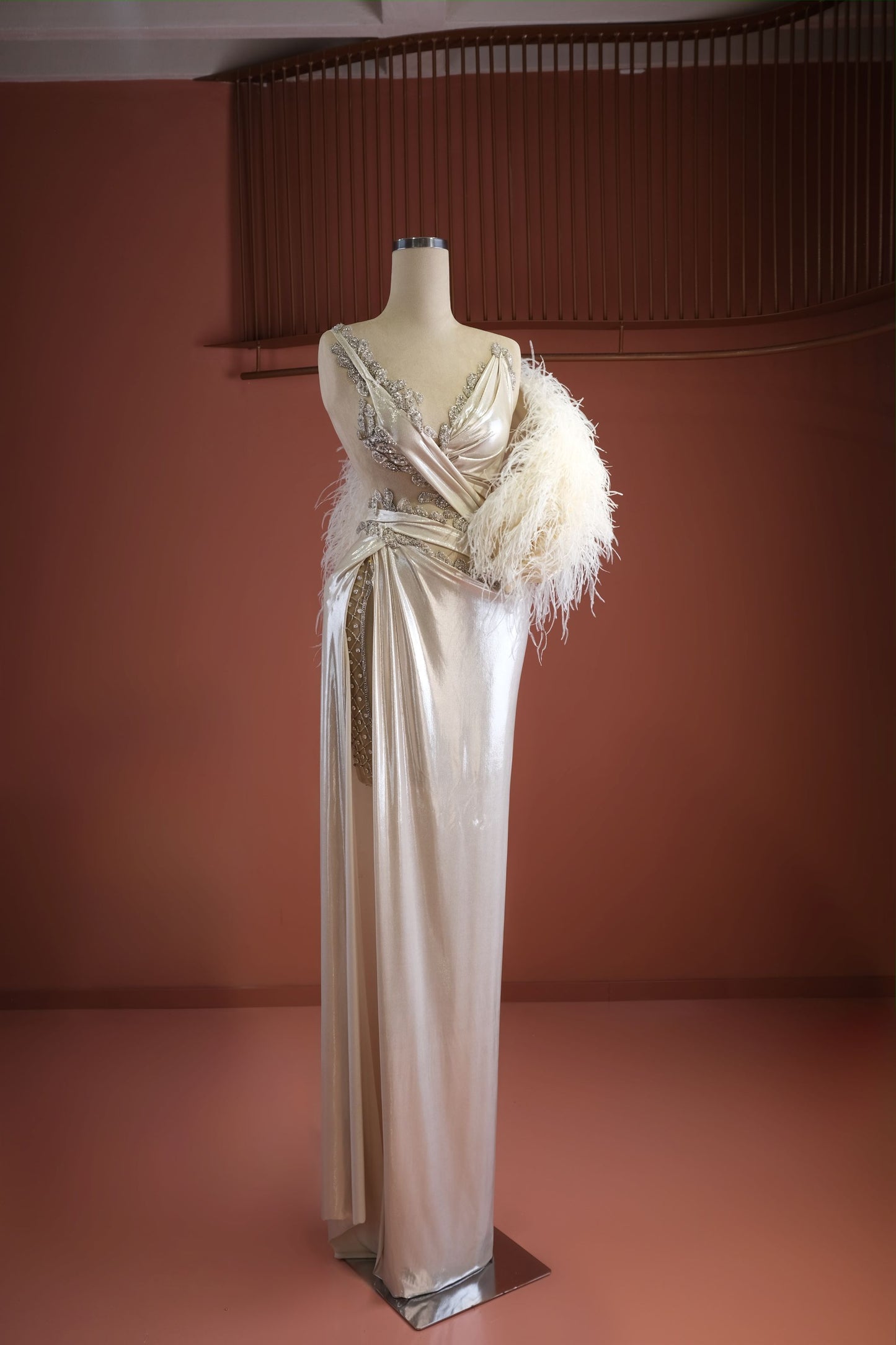 Azra - Beaded Feathered Evening Dress