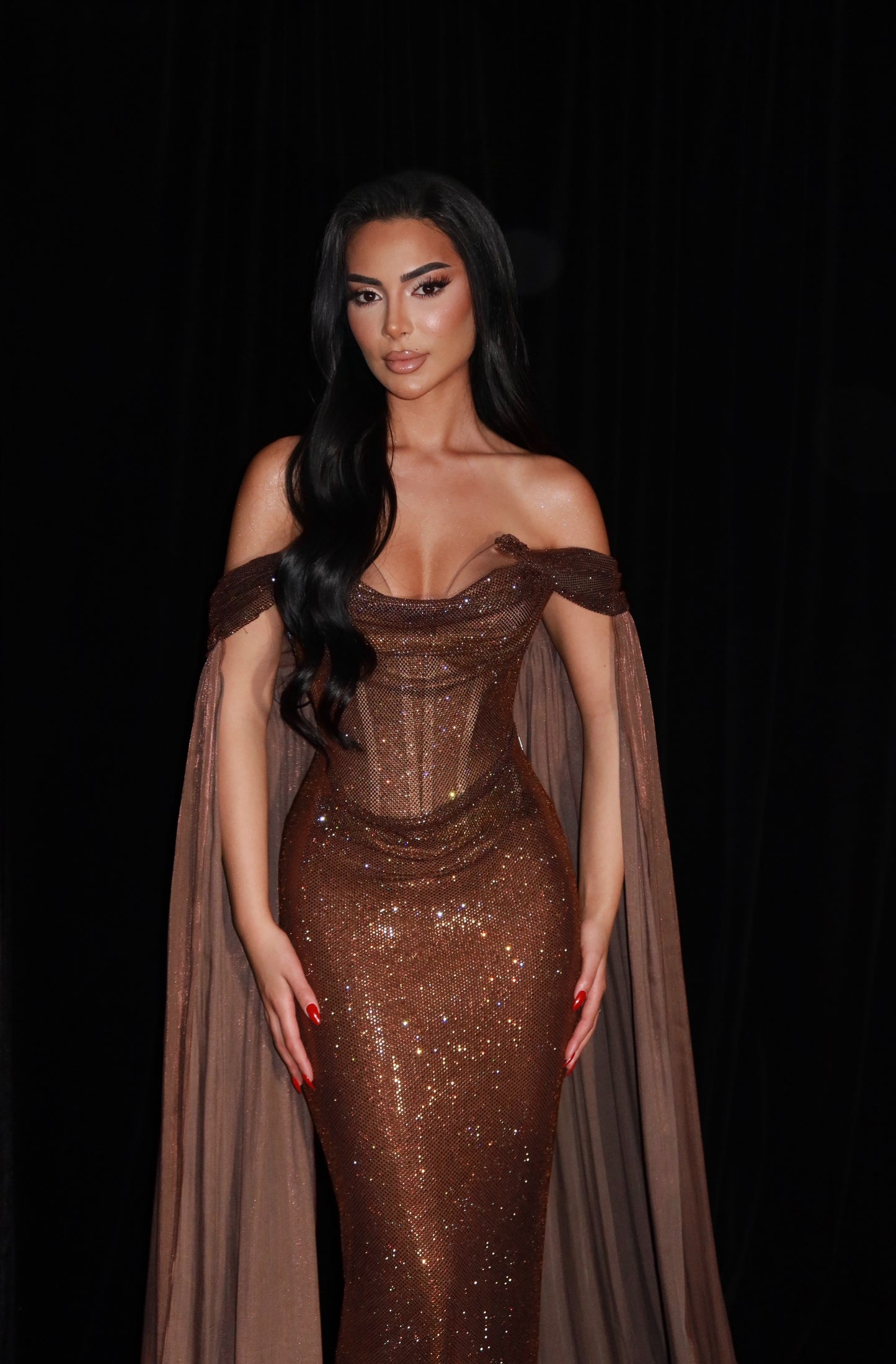 Maddeline - Off Shoulder Sequin Gown with Cape Sleeves