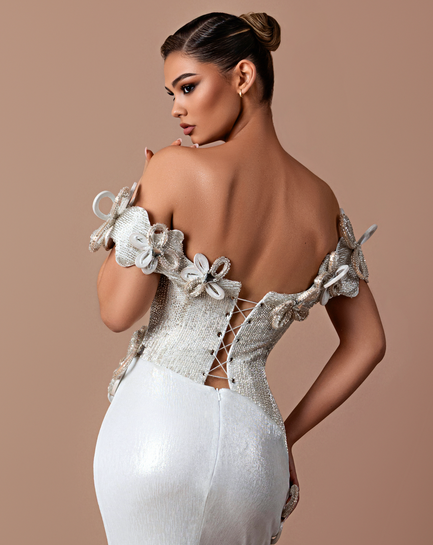 Ashen - Off shoulder dress with floral embroidery