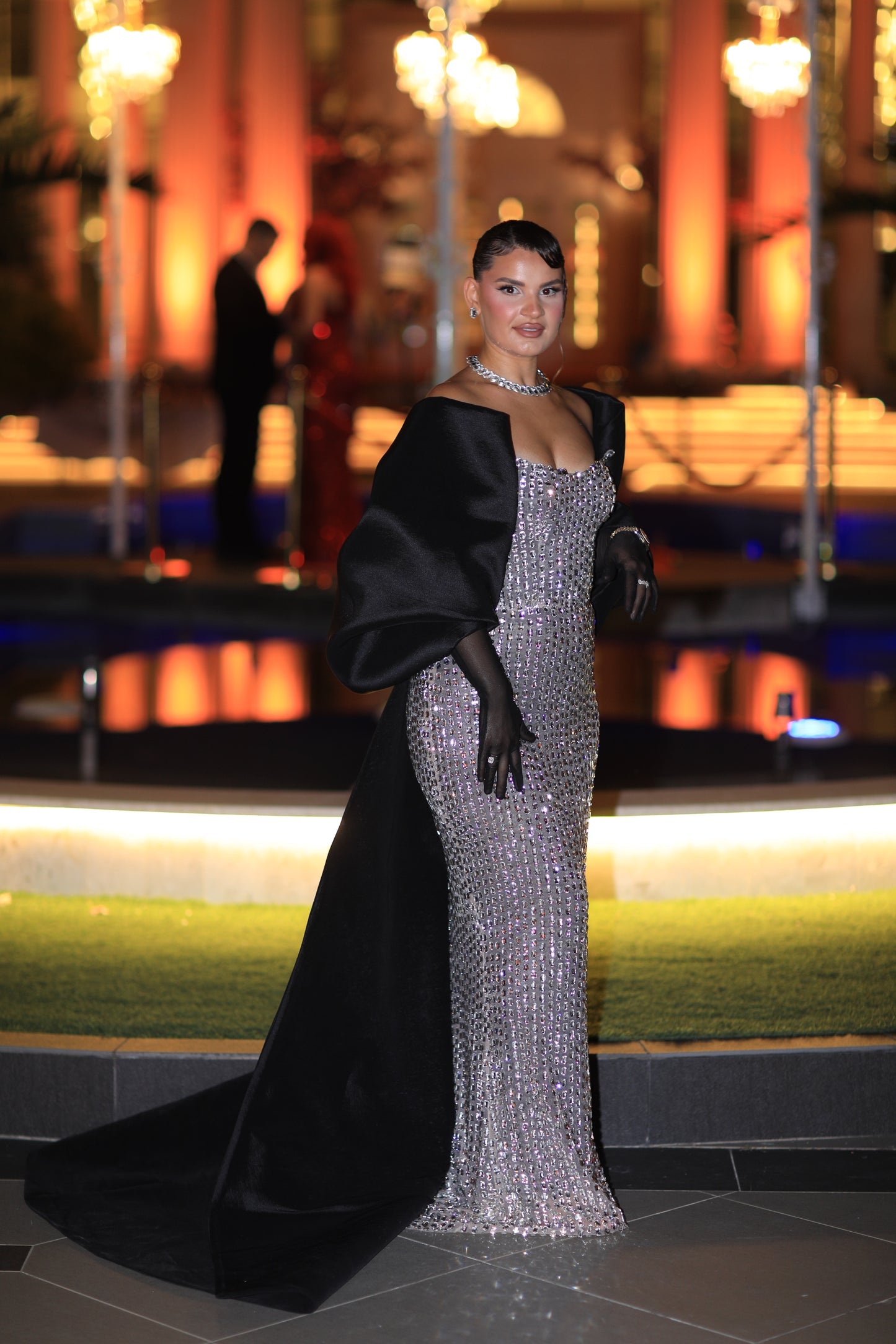 Darienne - Strapless Crystal Gown with Black Oversized Shawl