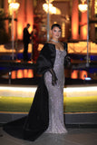 Darienne - Strapless Crystal Gown with Black Oversized Shawl