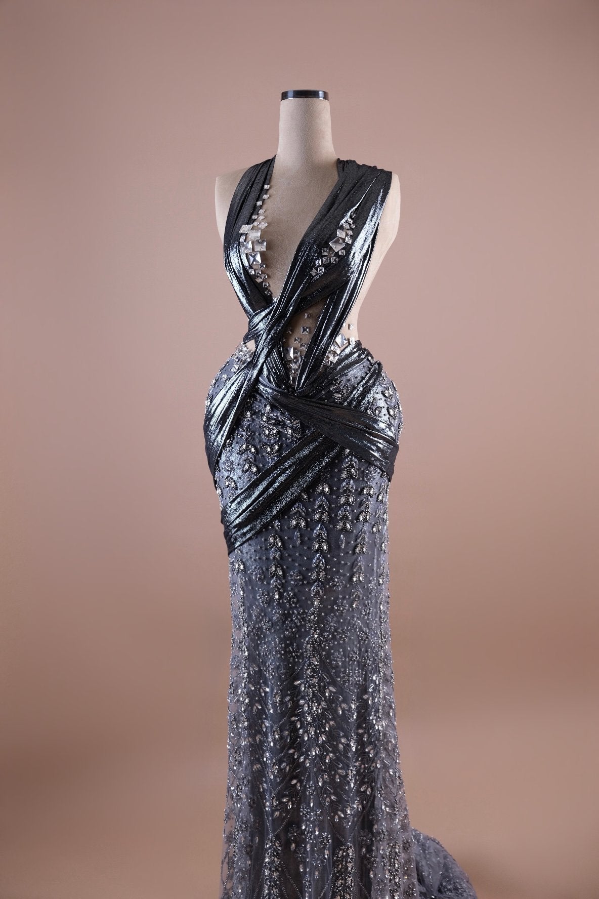 Grey Metallic Crystal Wrapped Gown