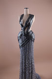 Grey Metallic Crystal Wrapped Gown