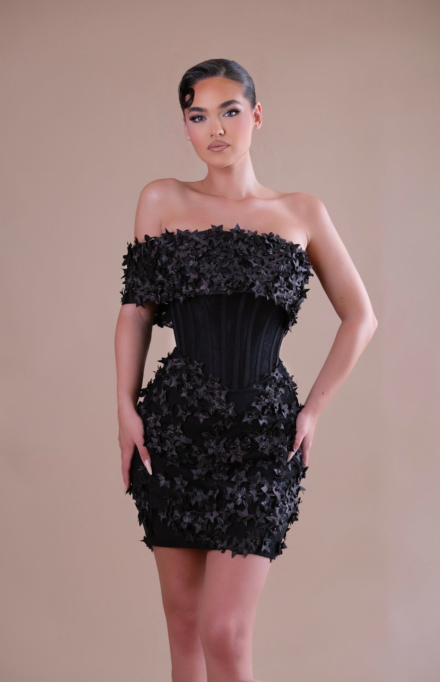 Remina - Black Floral Appliqué Mini Dress