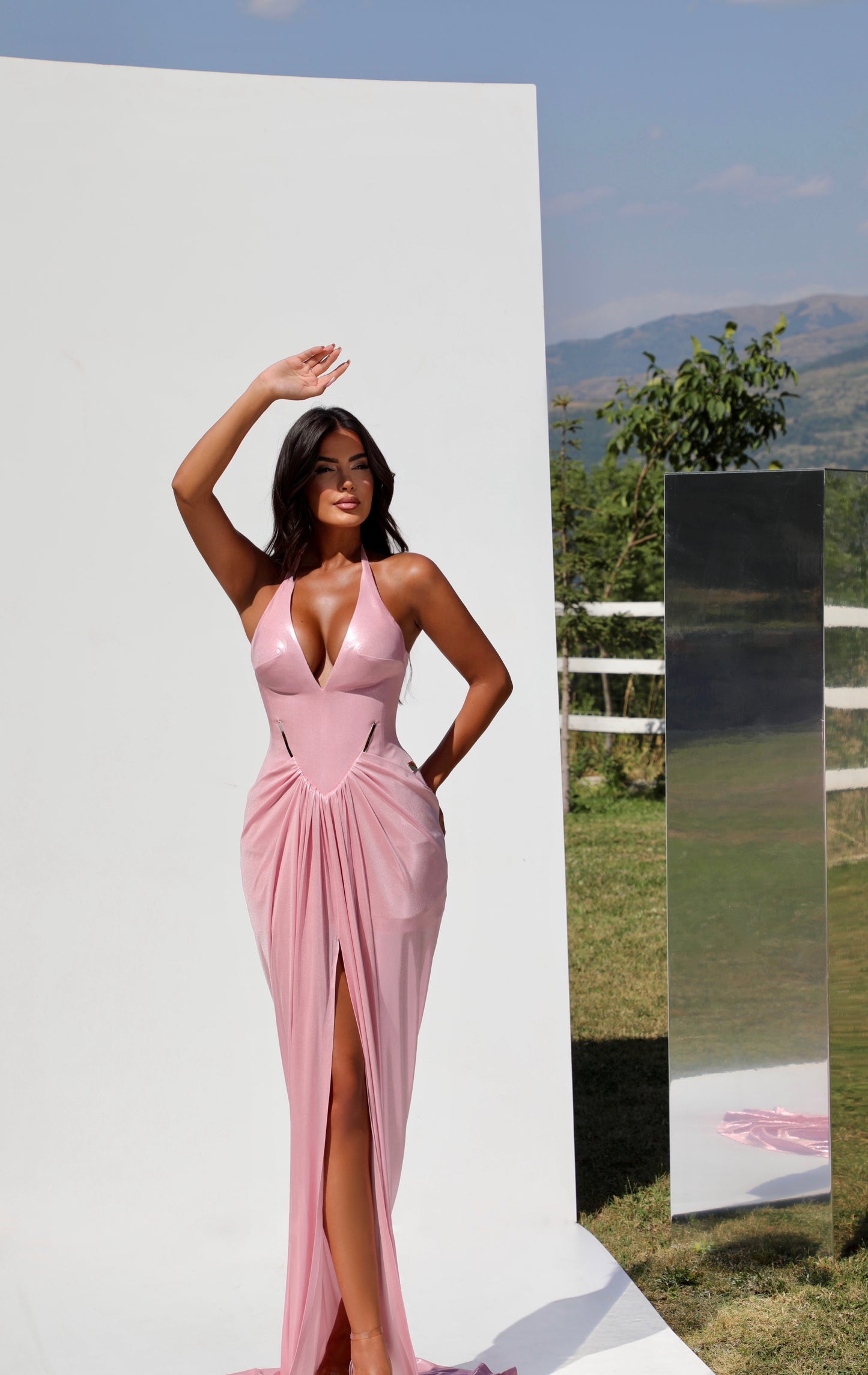 Luciana - Plunging Halter Gown with Draped Detail