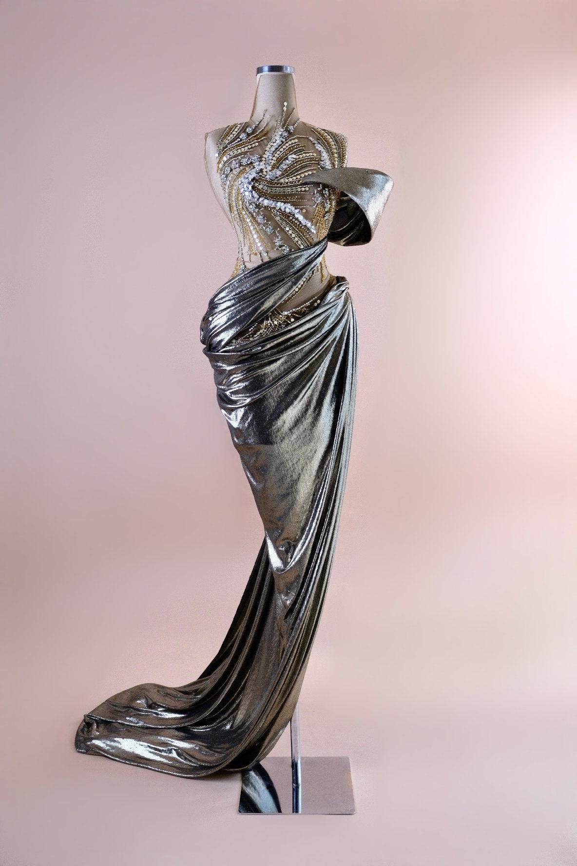 Metallic Gold Draped Gown with Illusion Bodice