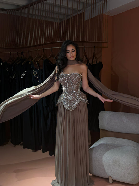 Amanda - Crystal Corset Gown with Taupe Pleated Skirt