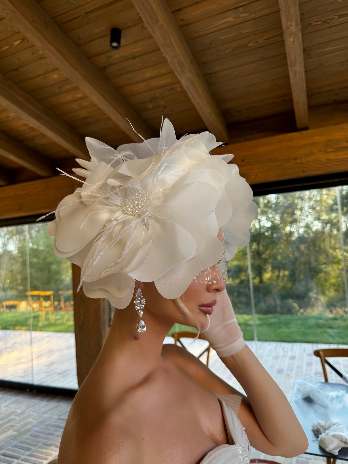 Oversized Floral Headpiece with Crystal Veil & Bow Gloves