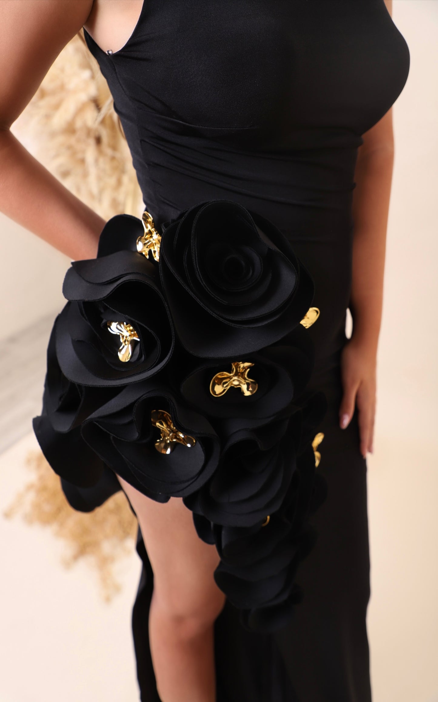 Coal -  High neck dress with side flower details