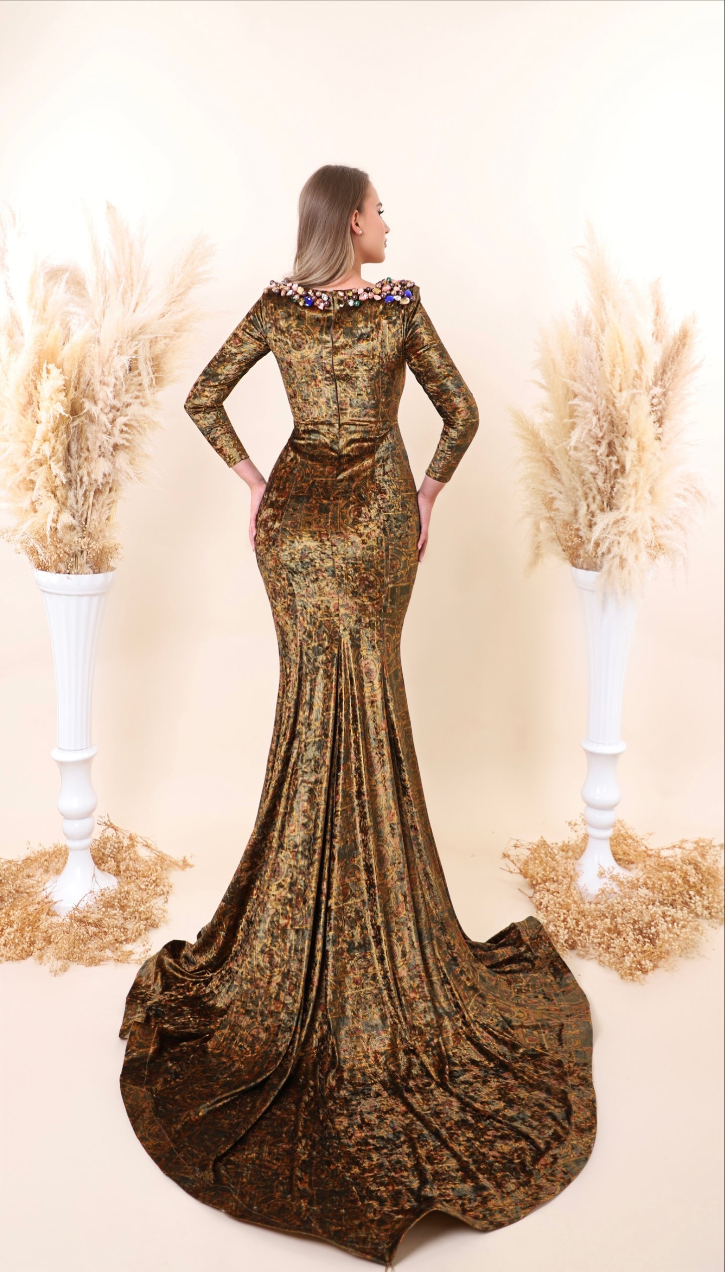 Ophir - Leo print dress with beaded V-Neck