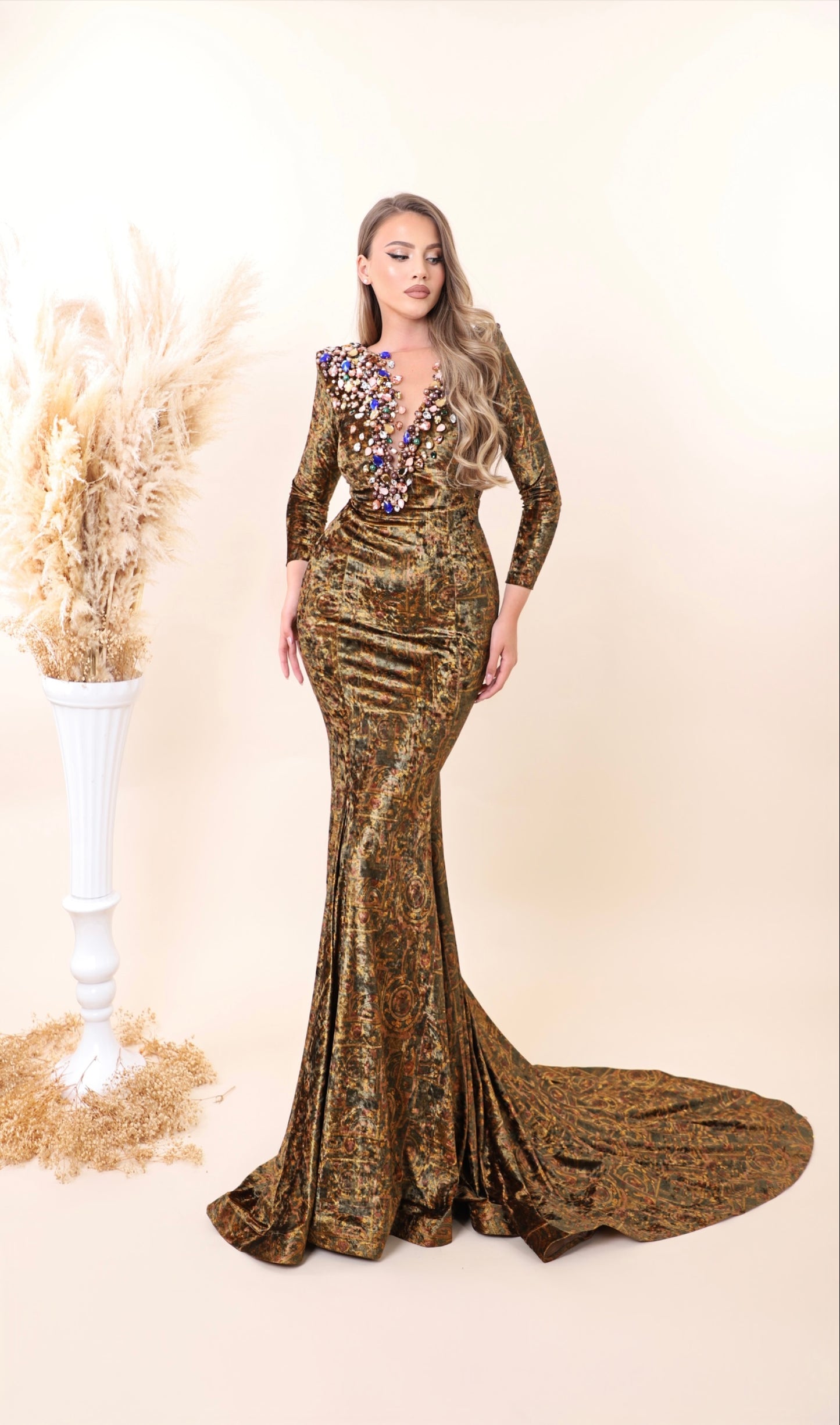 Ophir - Leo print dress with beaded V-Neck