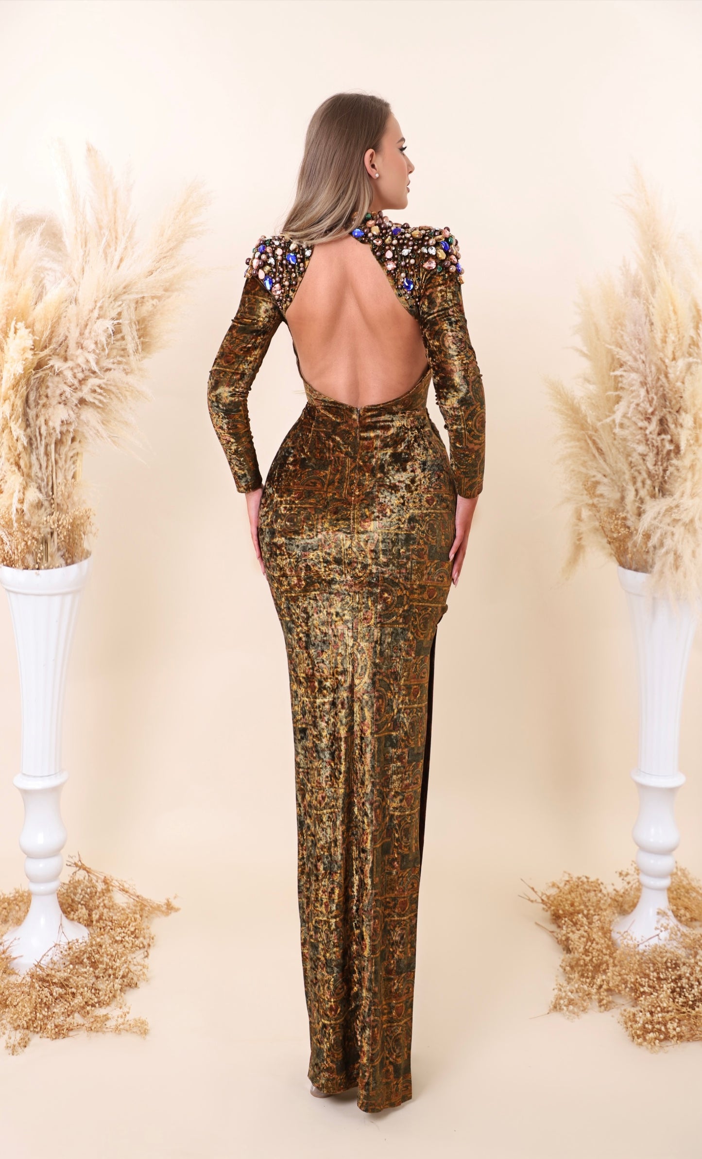 Pire -  Beaded high neck dress with leo print