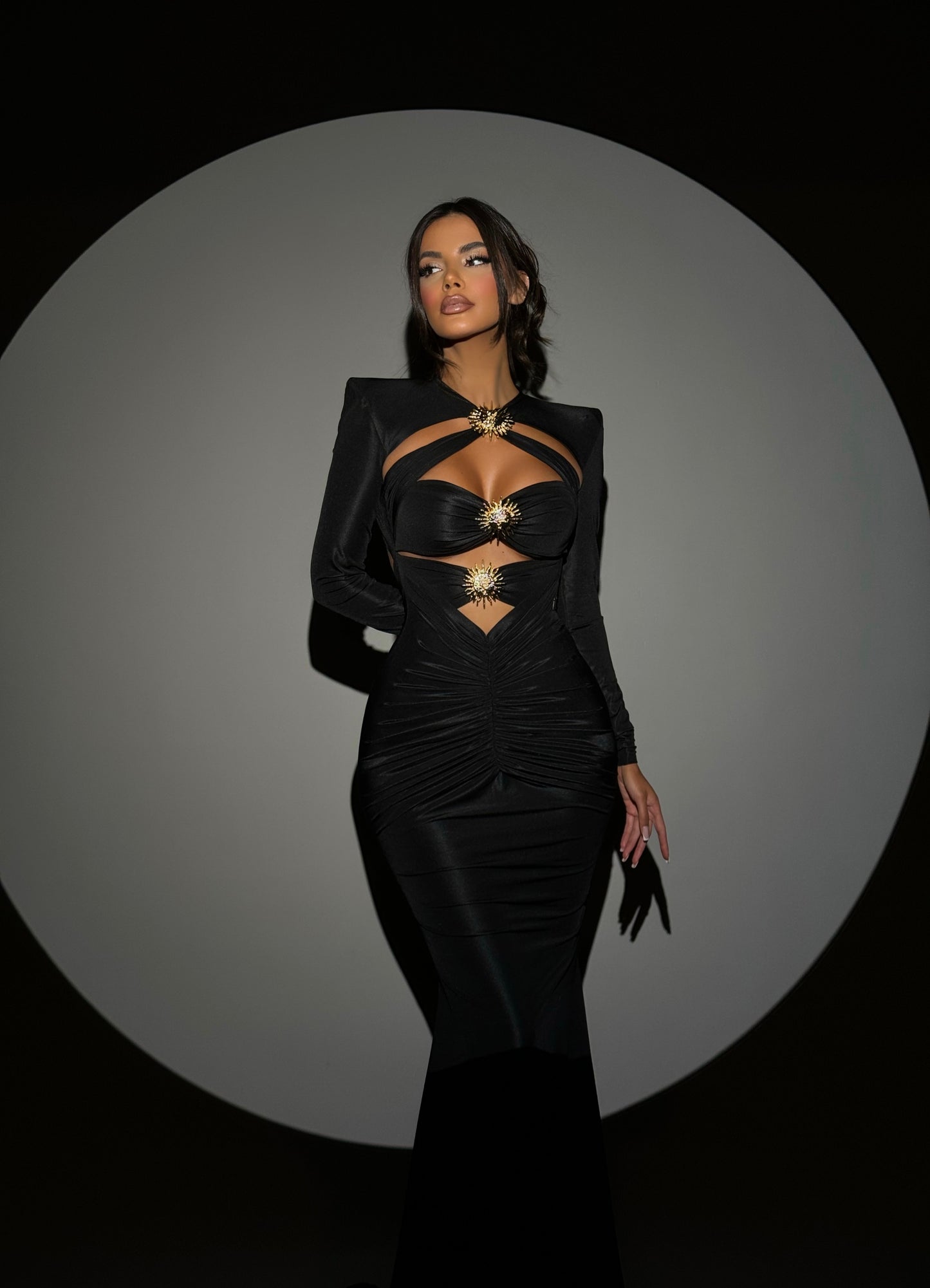 Helios - Gold-Accented Cut-Out Long Sleeve Dress