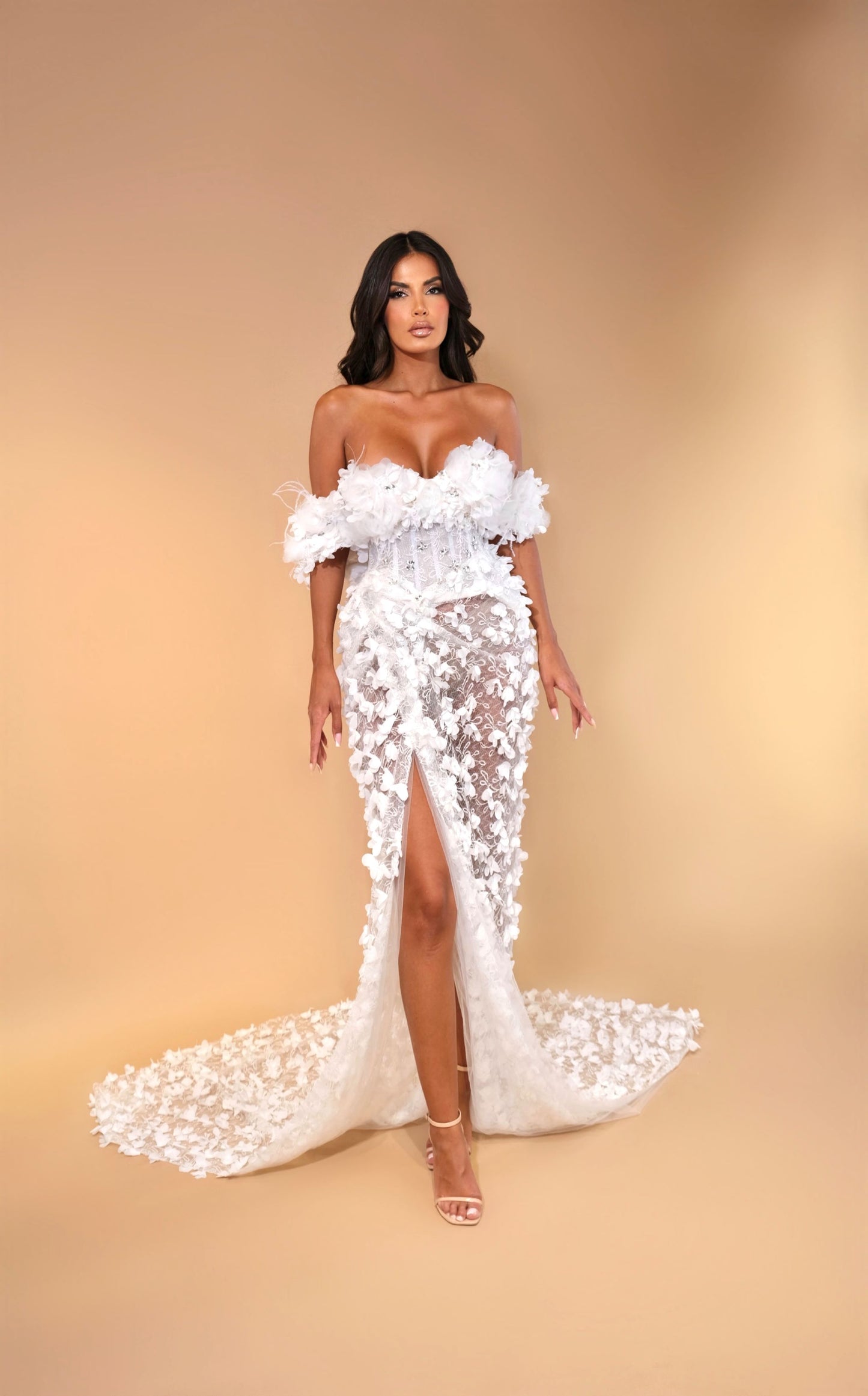 Lily - Off-Shoulder Floral Appliqué Slit Dress