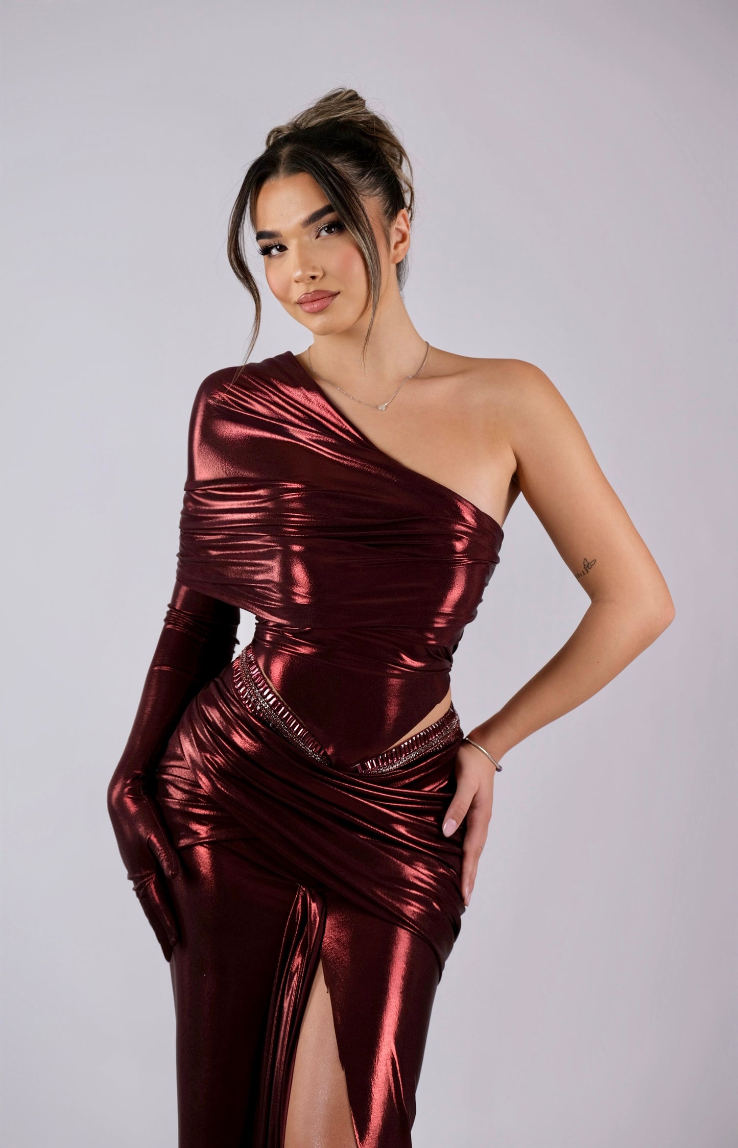 Anelle - One-Sleeve Fitted Dress with crystals