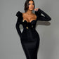 Nitrocis - Sweetheart Neckline Embellished Long Sleeve Dress