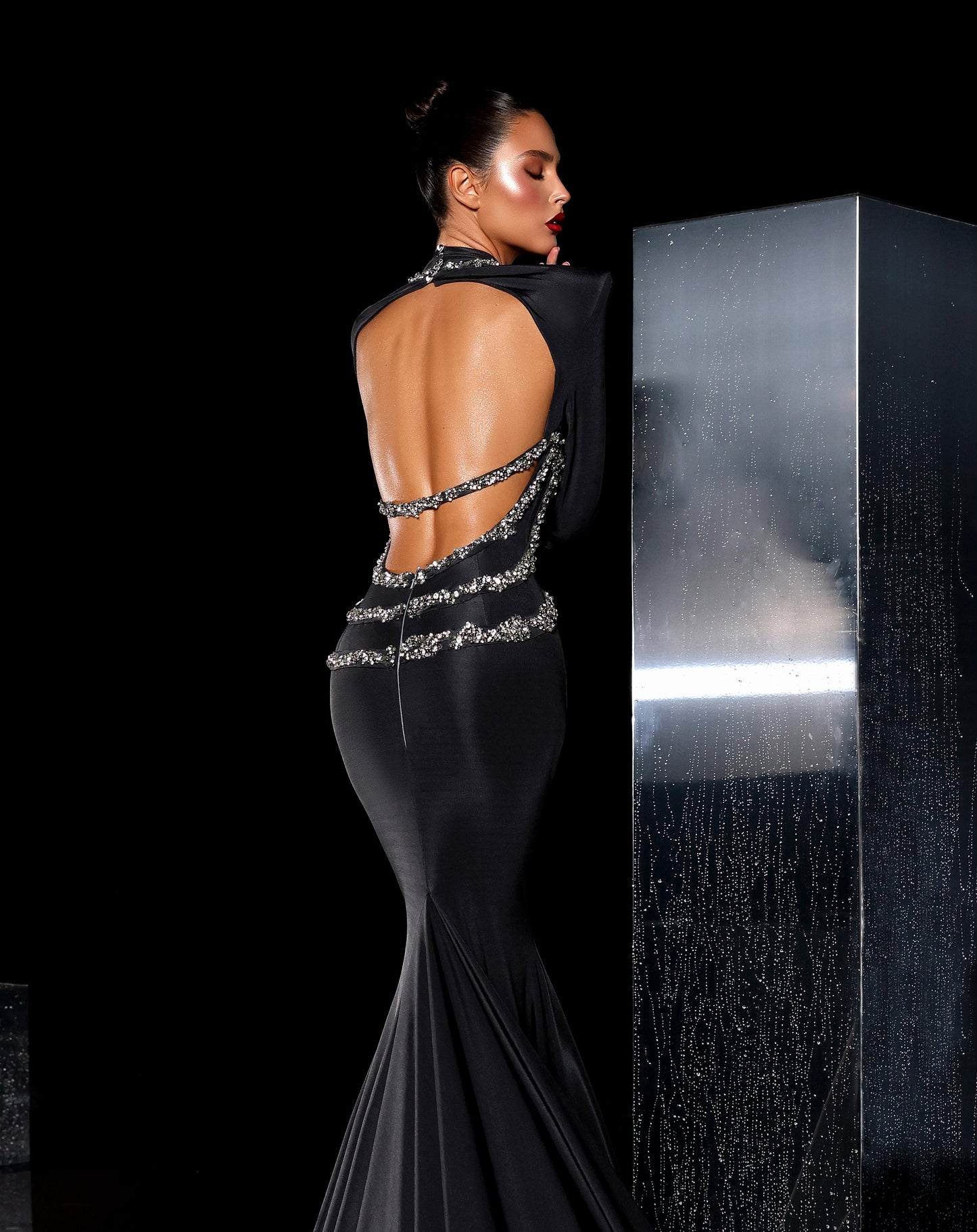 Lottie - Beaded Black High-Neck Long Sleeve Mermaid Dress