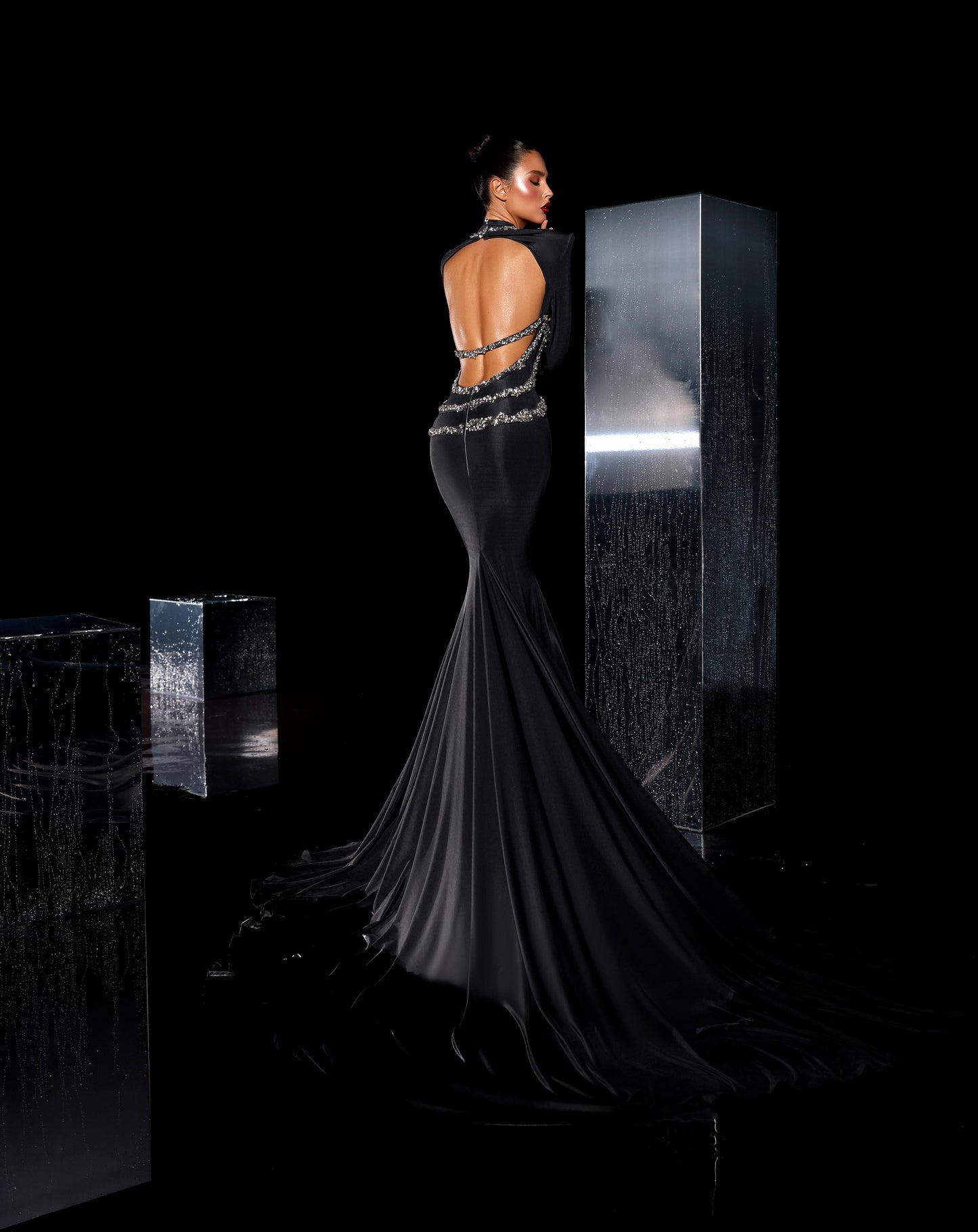 Lottie - Beaded Black High-Neck Long Sleeve Mermaid Dress