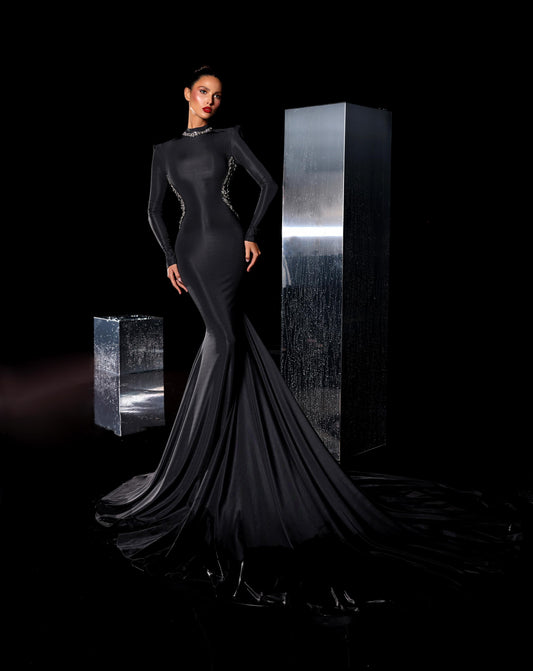 Lottie - Beaded Black High-Neck Long Sleeve Mermaid Dress