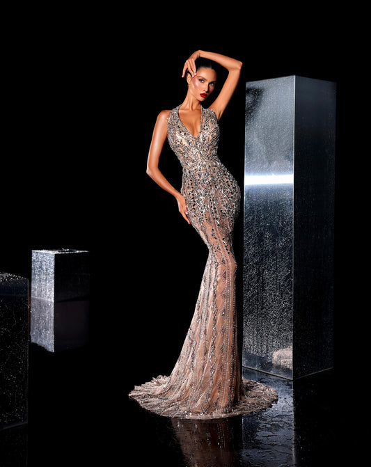 Carmela - Crystal beaded halter mermaid dress