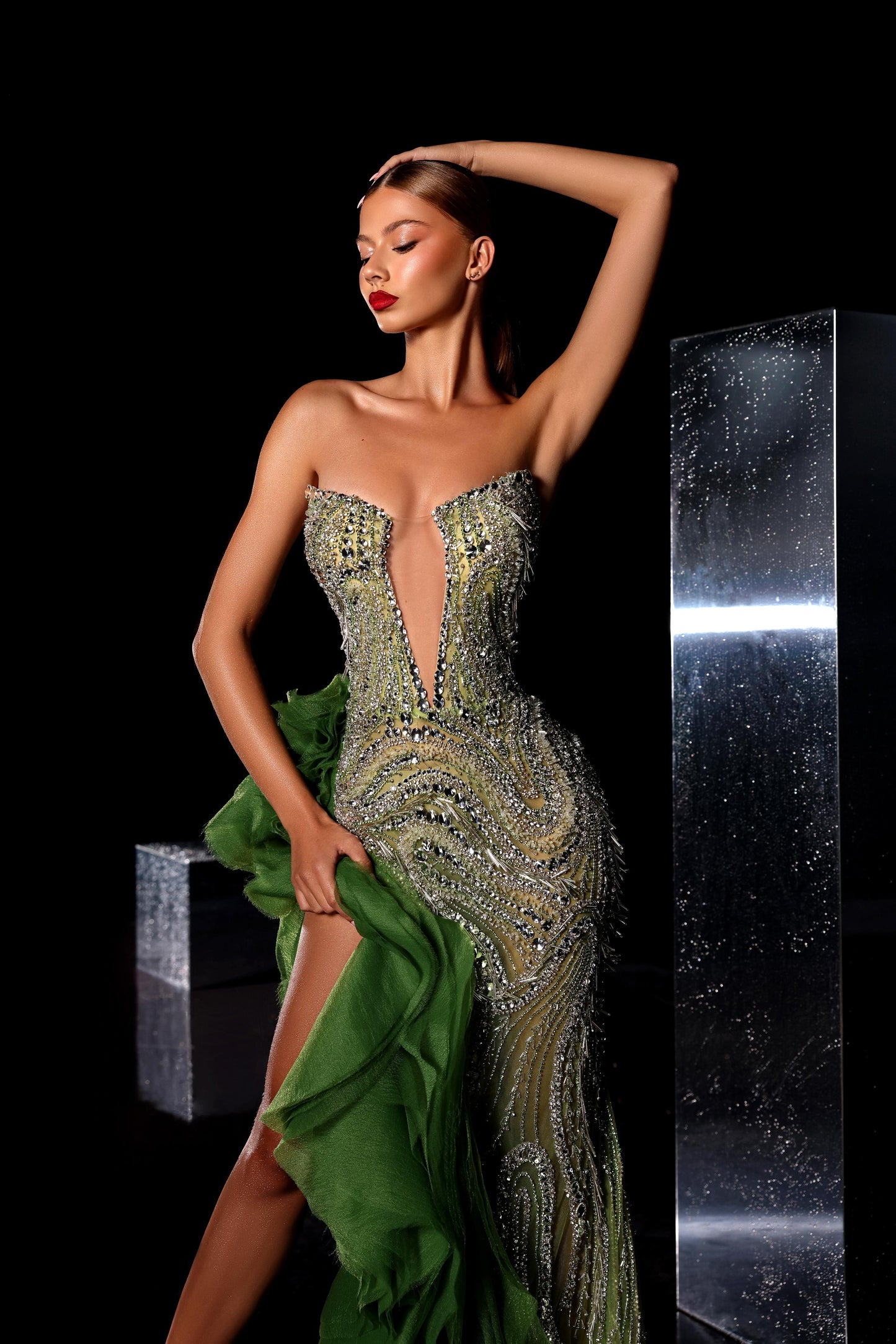 Solielá - Ruffled Cut-Out High Slit Dress