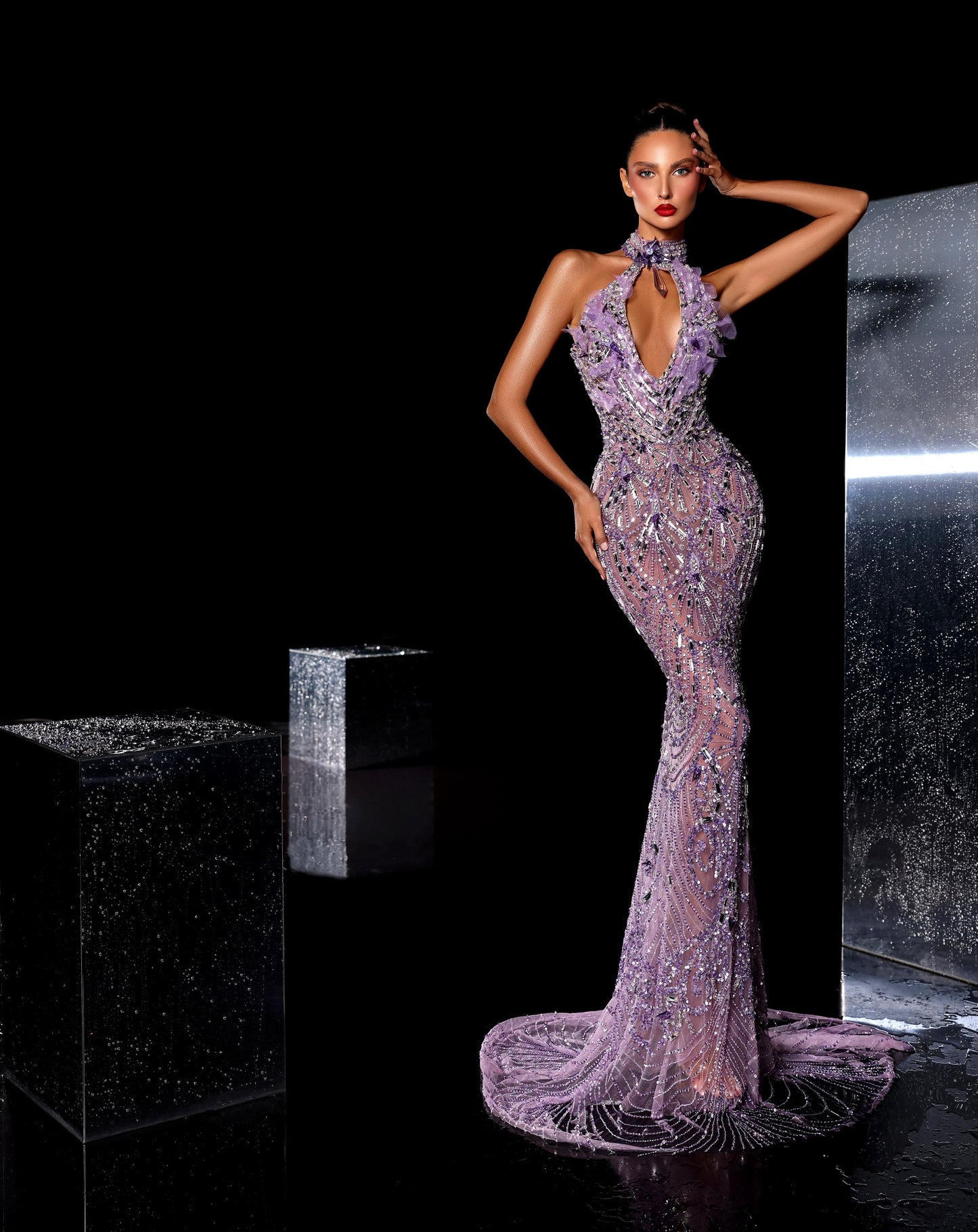 Loralie - Beaded Feathered Halter Dress