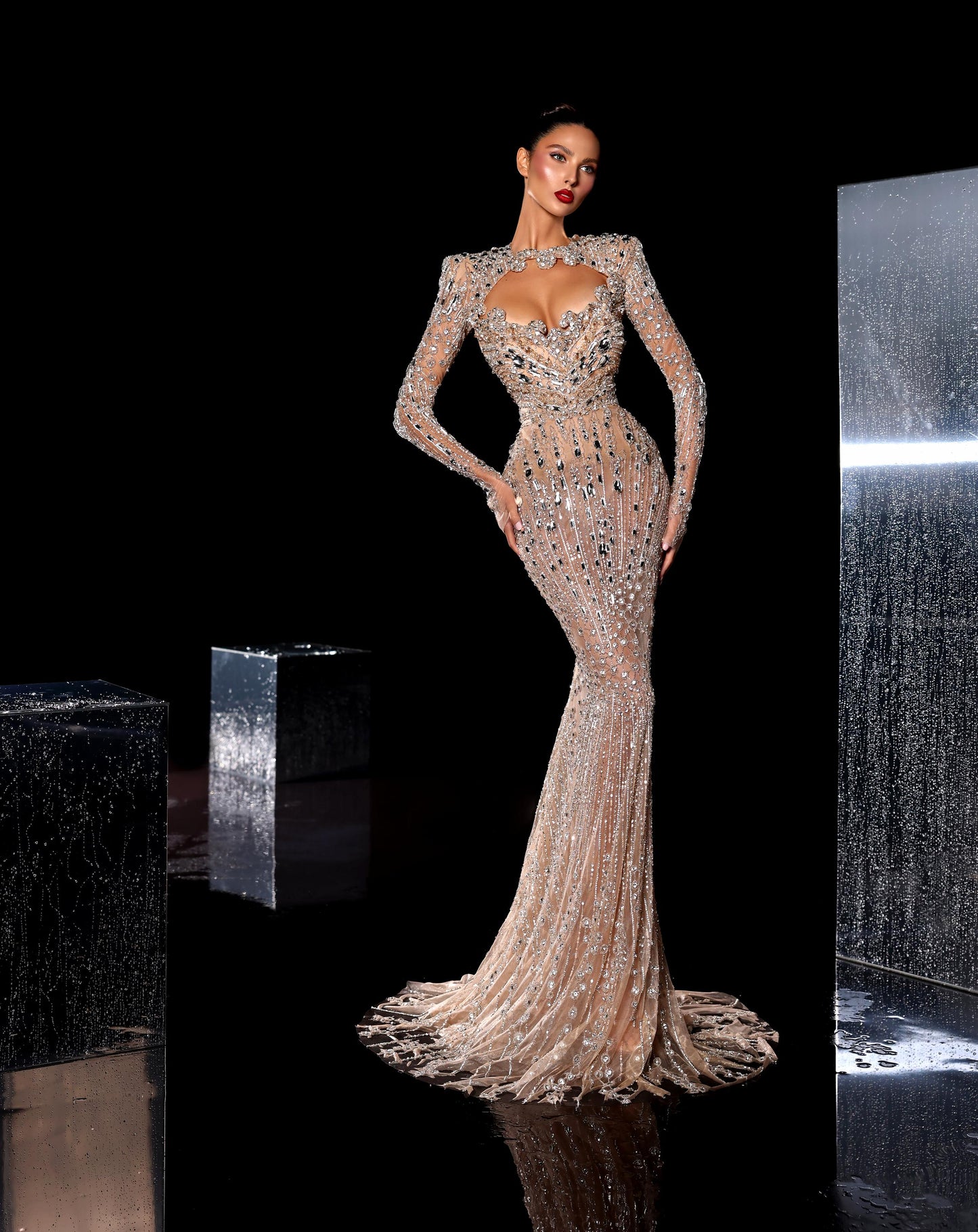 Amelle - Embellished high neck mermaid dress