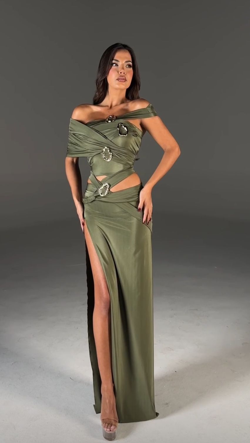 Leslie -  Long olive dress with cutout details