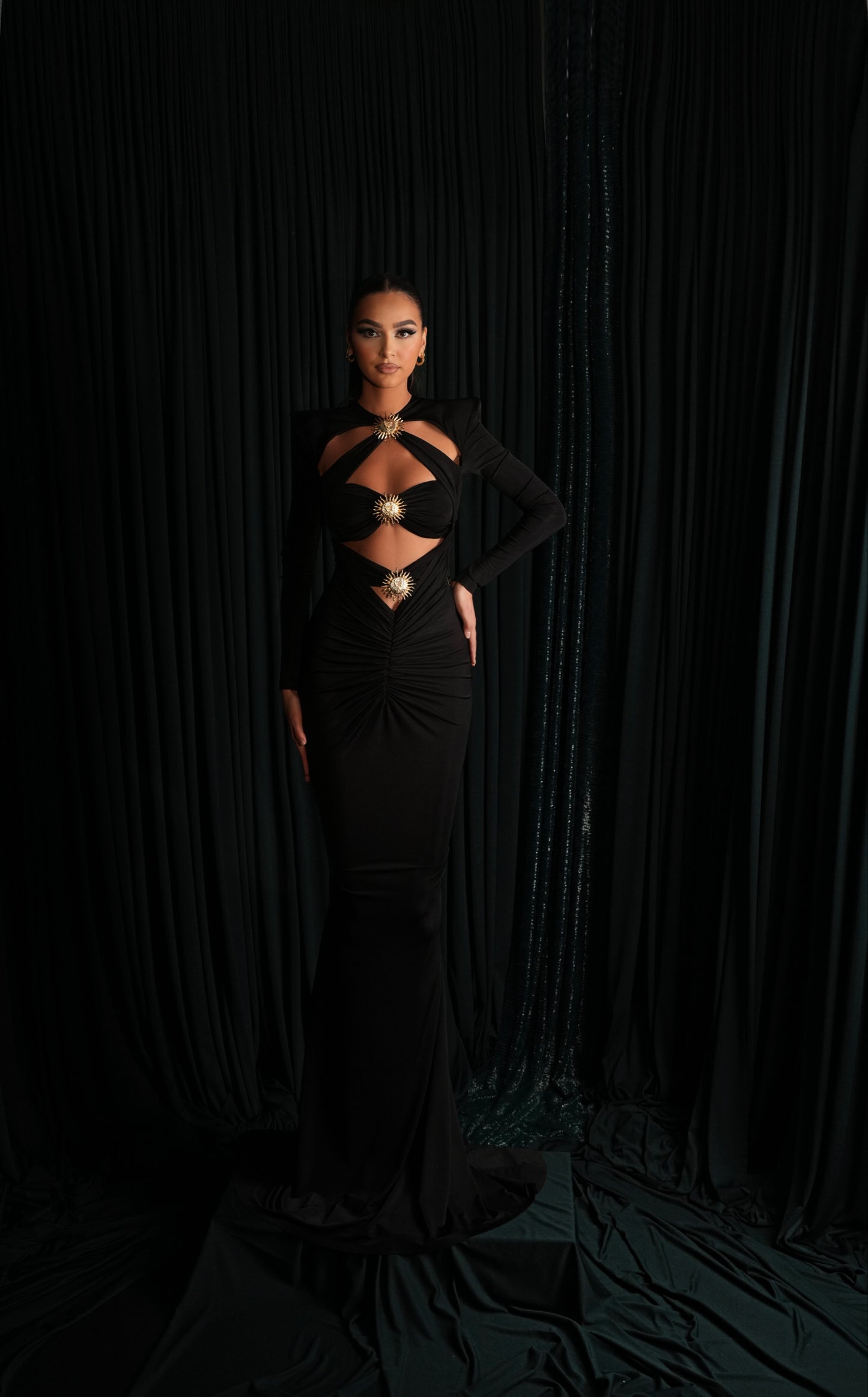 Helios - Gold-Accented Cut-Out Long Sleeve Dress